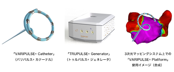「VARIPULSE Catheter」（バリパルス カテーテル） 「TRUPULSE Generator」（トゥルパルス ジェネレータ） 3次元マッピングシステム上での「VARIPULSE Platform」使用イメージ（合成）