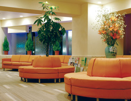 明るく広々とした待ち合いスペース。奥の窓際にはウォーターカーテンが設置されており,水音でも患者さんを癒している