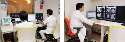 MAGNETOM Verioのコンソール(左)と読影風景(右)