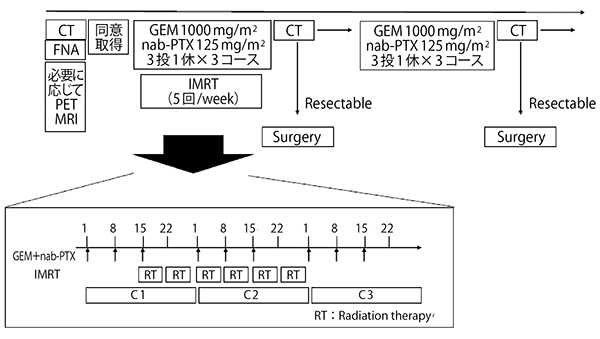 図1　当院の局所進行膵臓がんに対する術前化学放射線療法：PhaseⅠ/Ⅱ臨床試験のプロトコール