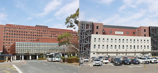 ▲病院棟（左）と急性期診療棟（右）
