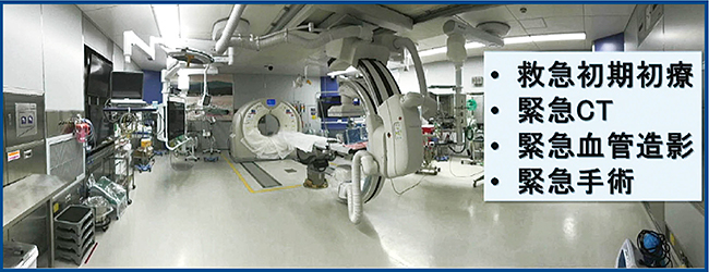 図1　世界初のテーブル回転式ハイブリッドER CT撮影後，手術台を回転することでスペースが広がり，麻酔や手術，血管撮影を迅速に実施できる。図1　世界初のテーブル回転式ハイブリッドER CT撮影後，手術台を回転することでスペースが広がり，麻酔や手術，血管撮影を迅速に実施できる。