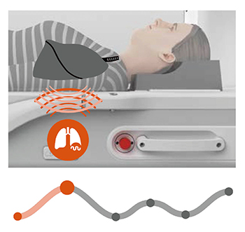 図2　‌BioMatrix Respiratory Sensor “BioMatrix”搭載装置では，呼吸センサが脊椎コイルに内蔵されている。テーブルに寝た被検者の肺の体積変化を自動的に検知することで呼吸状態を確認でき，息止めのモニタリングや呼吸同期による撮像が可能である。