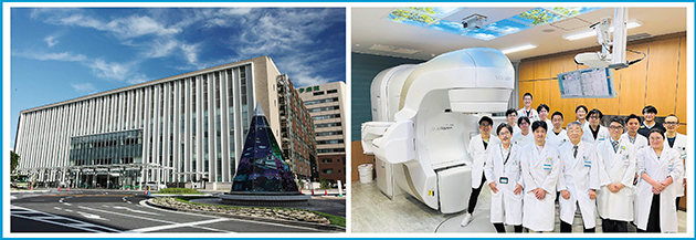 図1　広島大学病院（左）とTrueBeam室内の放射線治療スタッフ（右）