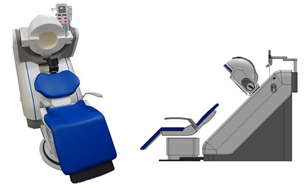 図1　「頭部専用PET装置 Vrain」（左）と側面イラスト図（右）。座ったままリクライニングした後，帽子をかぶるように検出器部分がゆっくり降りてきて検査が始まる。