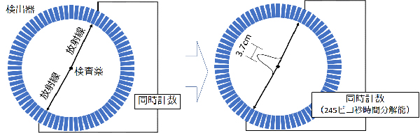 図2　PETの同時計数（左）における時間分解能を245ピコ秒にして，検査薬の位置を3.7cmの線分上に特定できるようにした（右）。このような線分の集合体を画像処理して，3mm以下の分解能を達成した。