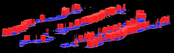 図2：医療ビッグデータの一つとしての病理生検画像解析結果 AIが3D病理画像上にがんの再発しやすさを定量化して青（低）から赤（高）で表示しており，赤く背の高い領域が再発に対して高リスクの予測因子を示す。