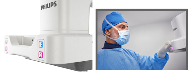 （左）Cアーム側のロック・ロック解除ボタン（右）手元でボタン操作可能