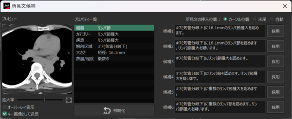 リリース済みのリンパ節抽出機能と併用することで，取扱い規約に則った解剖区域を埋め込んだ所見文候補を表示可能である。