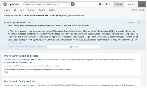 画像：新しいAI搭載の臨床トピック検索機能では，医師が自然な言葉や複数のキーワードを使って質問すると，関連するUpToDateのトピックが正確に表示されるようになった。