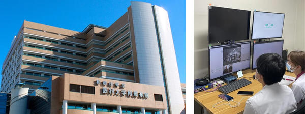 和歌山県立医科大学附属病院（左），和歌山県立医科大学附属病院と橋本市民病院の連携の様子（右）