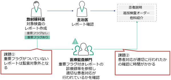 病院で患者対応が適切に行われているかを確認する医療監査業務フローと，医療監査部門の現状の課題を示した様子