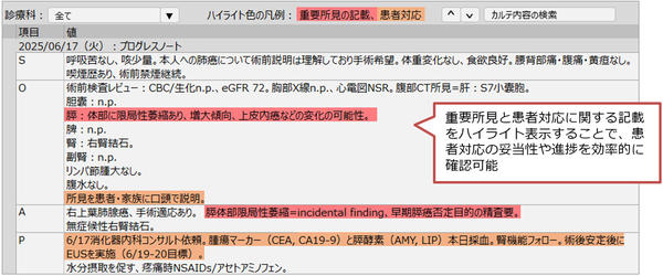「患者対応監査支援AI機能」によって，患者ごとの画面で重要所見と，患者対応が適切に行われているかを判定する根拠とした診療録の内容を，ハイライト表示している様子