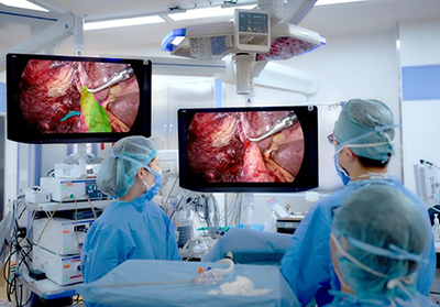 EIRL Surgery LCを⽤いた⼿術のイメージ。左側のサブモニターに解剖学的ランドマークが表⽰される。