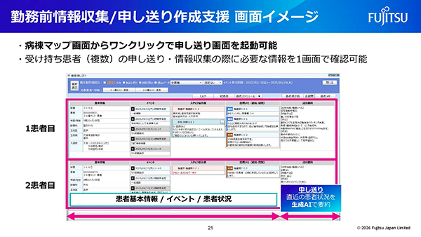 「医療機関向け医療文章作成支援サービス」の患者申送り（勤務前情報収集）作成支援サービス