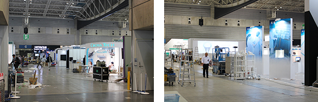 明日の開幕を控え，設営の最終段階を迎えたITEM会場