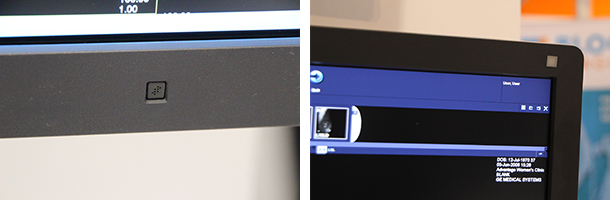 RX850の人感センサ（左）と照度センサ。センサを駆使して最適な読影環境を提供。